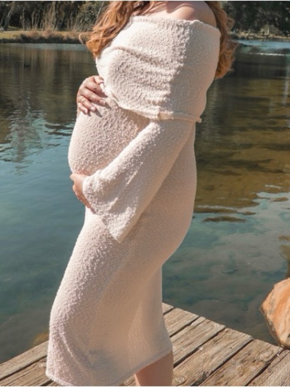 Off-Shoulder Cream Maternity Midi Dress